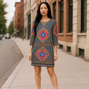 Laundry By Shelli Segal Print Elbow-Length Sleeve Multi Color Midi Shift Dress